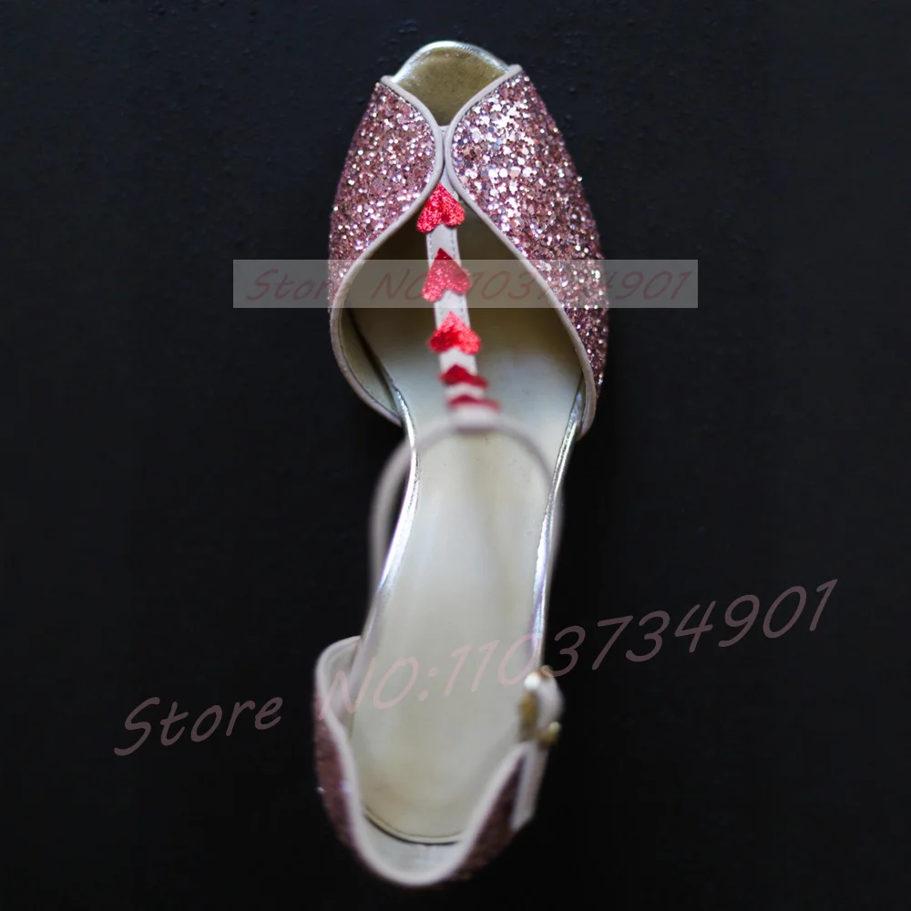 Pink Glitter Heart-Shaped Heeled Sandals Women T-bar Peep Toe Cover Heel Shoes Lady Fashion Party Ankle Strap Shiny Sandals - view 5