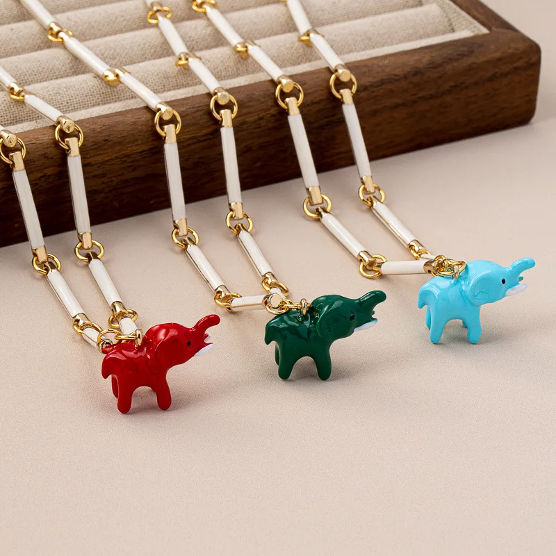 

New Arrival Bamboo Chain Enameled Glaze Necklace Personalized Cute Elephant Pendant Retro High-end Versatile Collarbone Chain