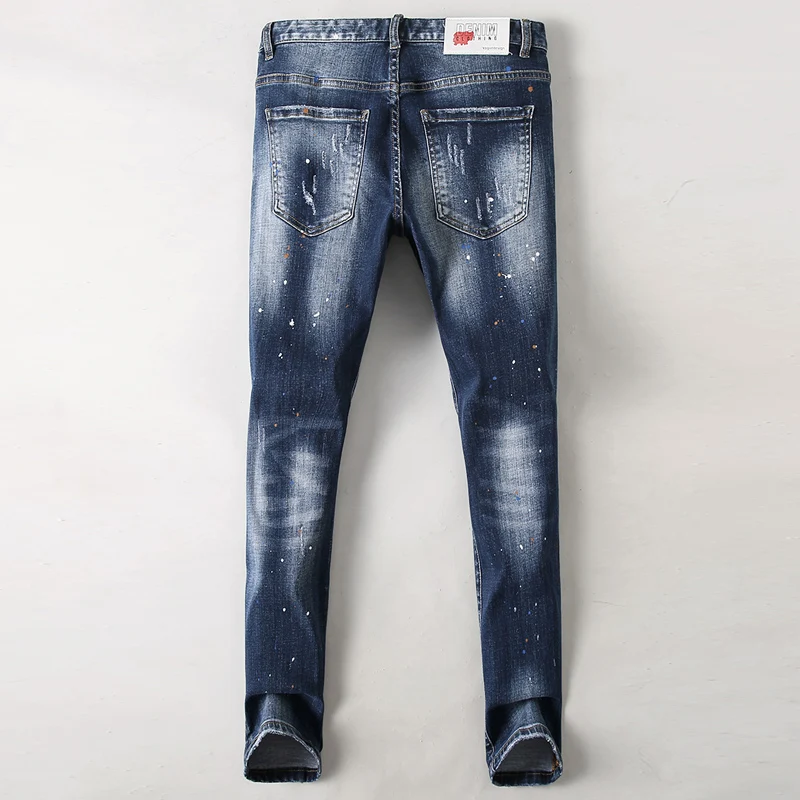 Street Fashion Men Jeans Retro Blue Elastic Stretch Skinny Fit Ripped Jeans Men Vintage Trousers Painted Designer Hip Hop Pants