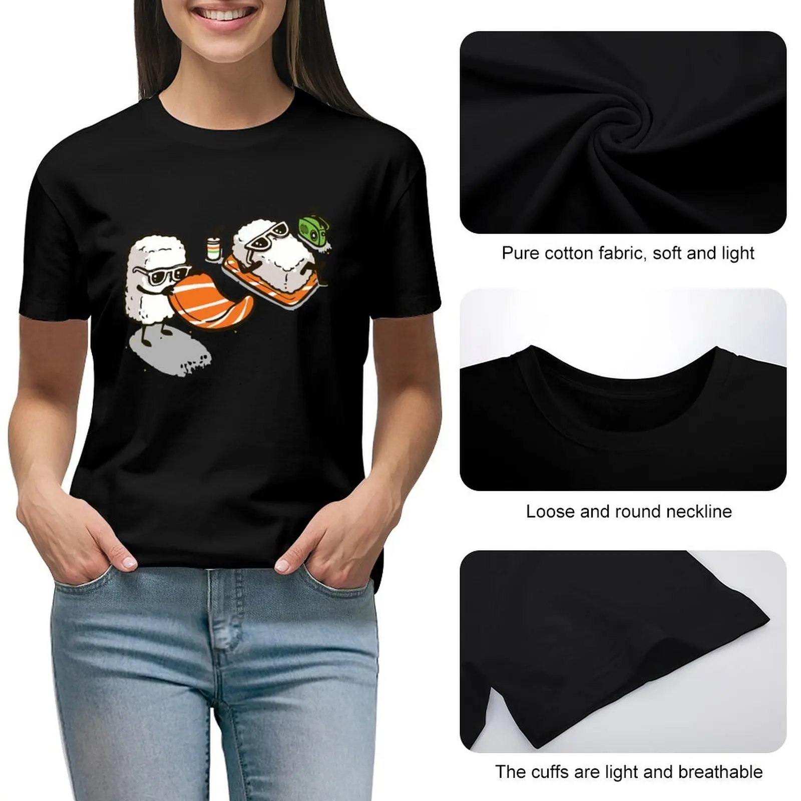 Camiseta de sushi en la playa para mujer, vestido gráfico, top de verano