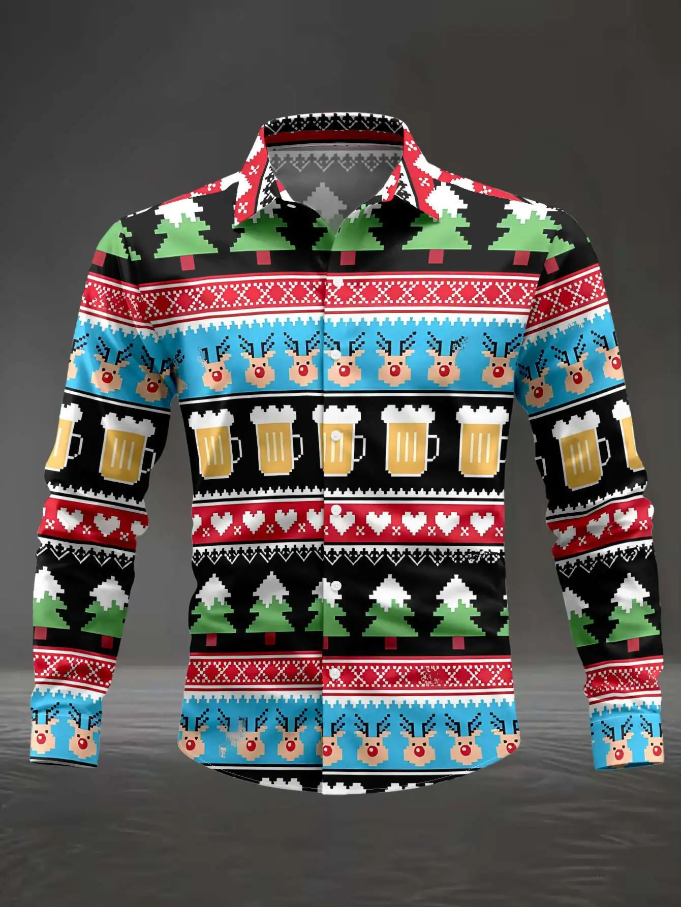 Mens Festive Xmas Printed Shirt Ugly Christmas Sweater Style Heart Pattern Long Sleeve Casual Blouse