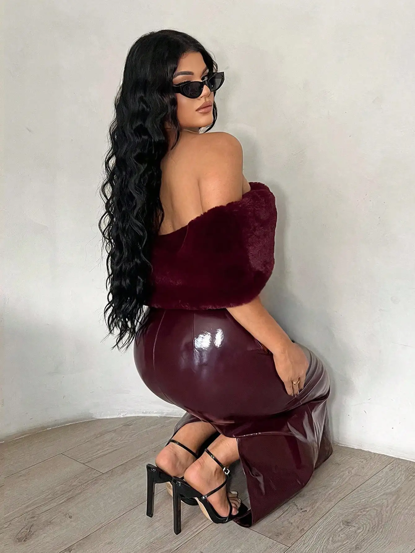 

Wine Red Faux Leather & Faux Fur Splice Sexy Off-Shoulder Dress, Slay Diva Dress, Burgundy Dress , Wine Dress,New Year Dress