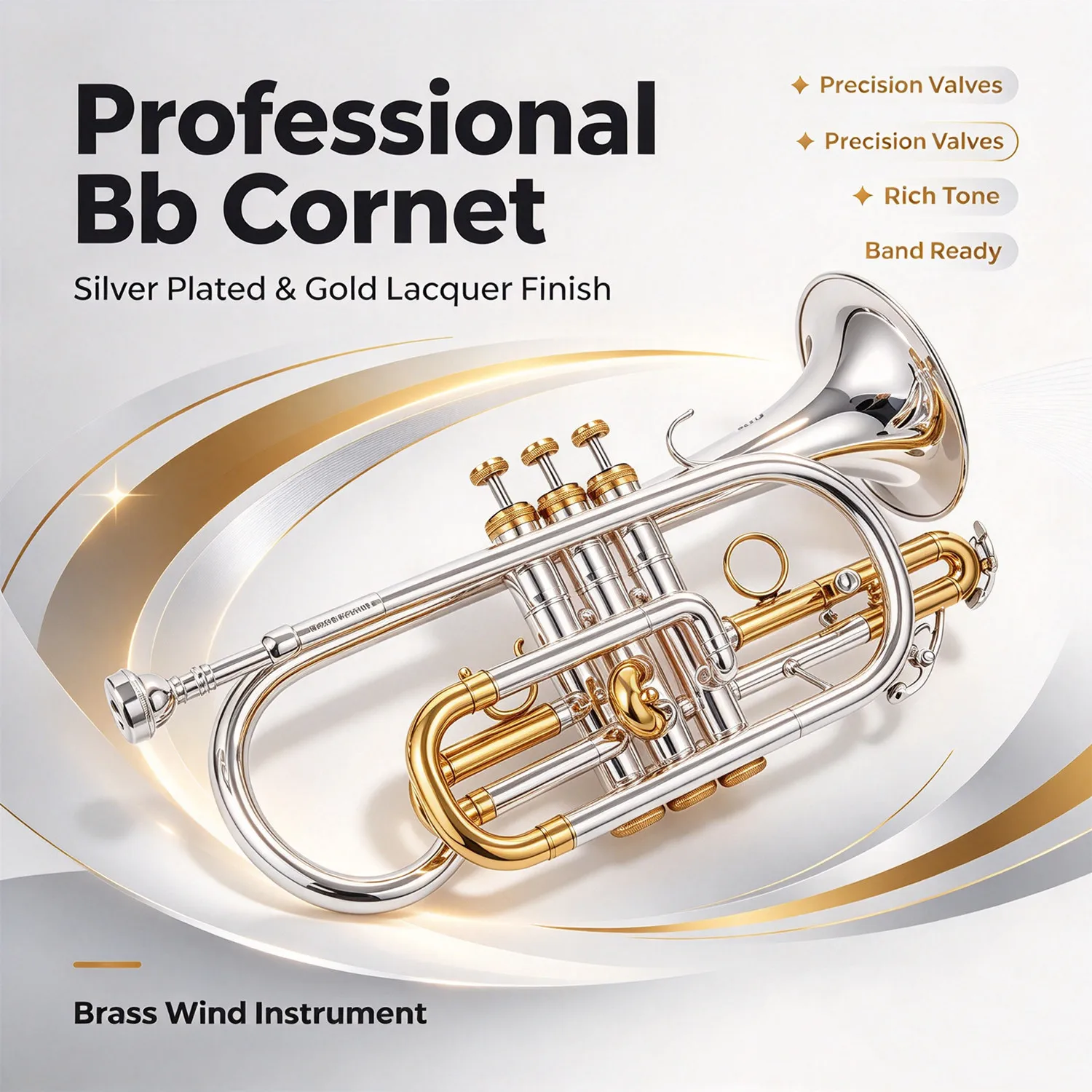 Vincent Bach TR-184SML B Flat Cornet Silver Plated Finish Golden Key Buttons Professional Performance Brass Instrument