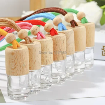 20/50pcs 5ML clear glass empty car perfume refillable hang bottle wooden cap small portable fragrance container decorations gift