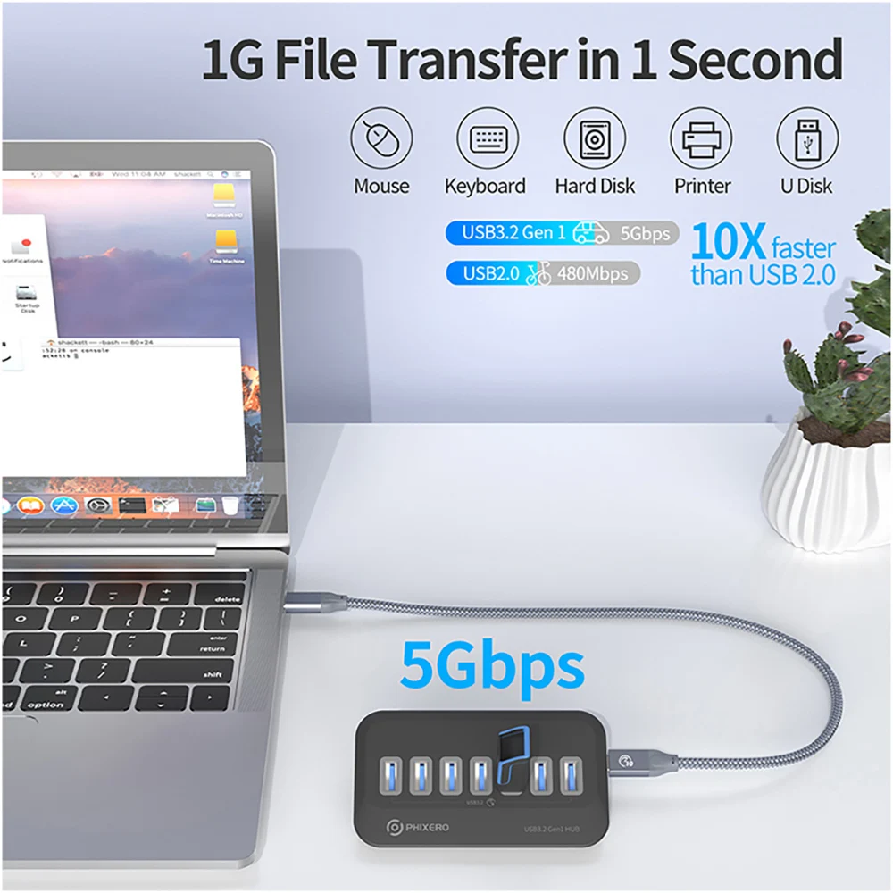 PHIXERO USB Splitter USB 3.2 Hub 5Gbps Type C Adapter Multi Ports USB 3.0 Docking Station Hub for Surface Macbook Laptop PC Hub