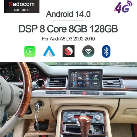 360 카플레이 DSP IPS 안드로이드 13.0, 8GB + 128GB, 8 코어 멀티미디어 플레이어, GPS 라디오, 블루투스 와이파이, 아우디 A8 D3 2002-2010, 7 인치