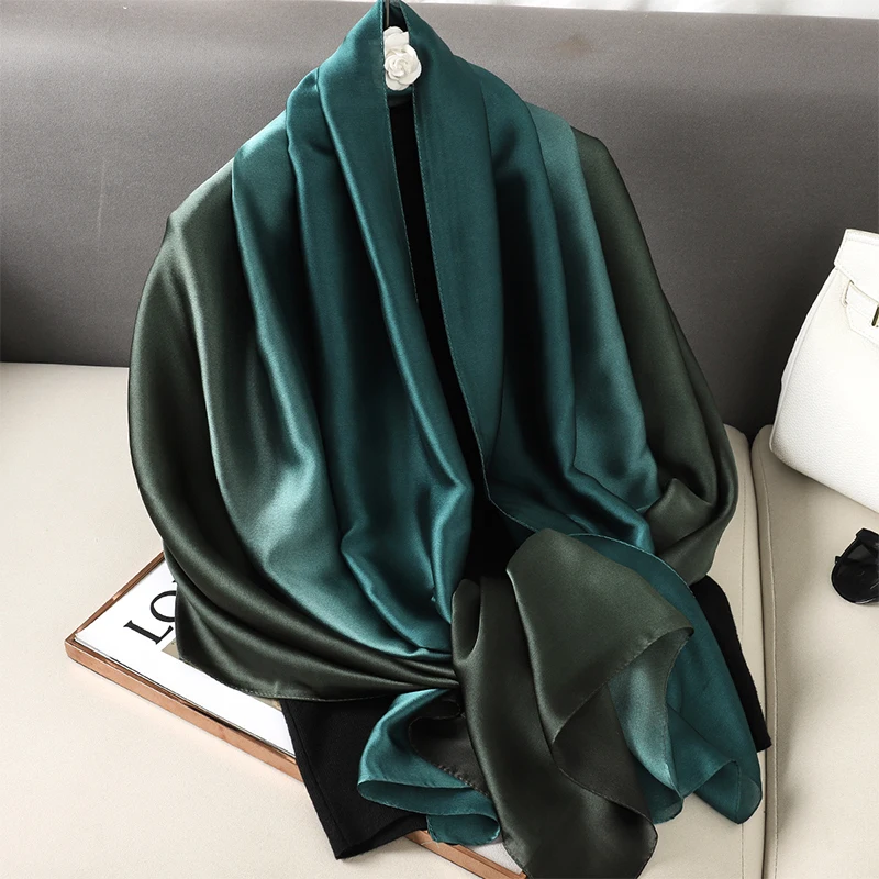 Fashion Lady Solid Soft Satin Silk Scarf Big Shawl Gradient Design Silk Scarves Luxury Brand Women Beach Stole Bandana 90*180CM