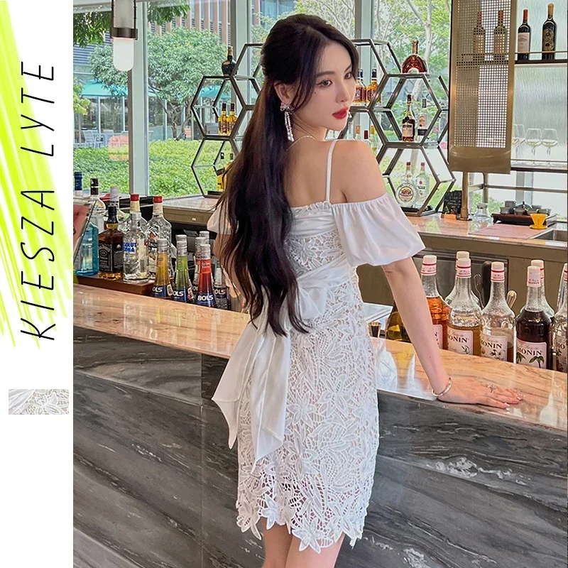 White Lace Mini Dress Sexy Summer 2024 Women Kawaii Lace Up Banquet  Evening Party Dresses Elegant Princess