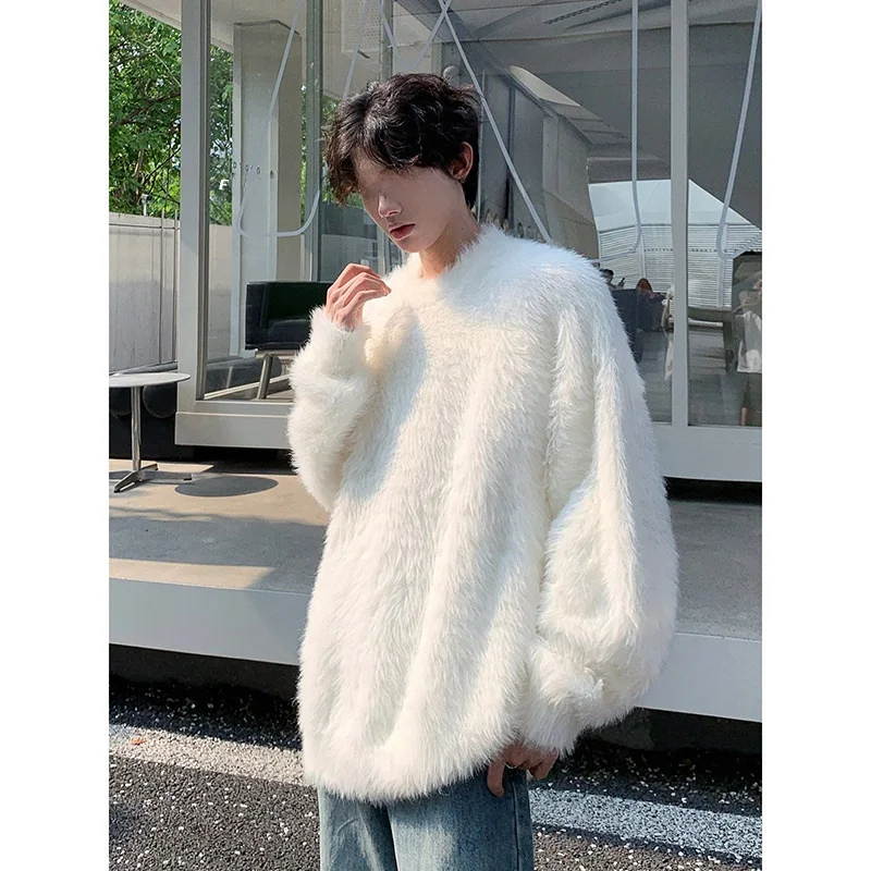 

White Mink Velvet Sweater Men's Autumn Winter Thiened Loose round Ne Inner Wear Top Coat Comfortable Soft Polyester Fiber