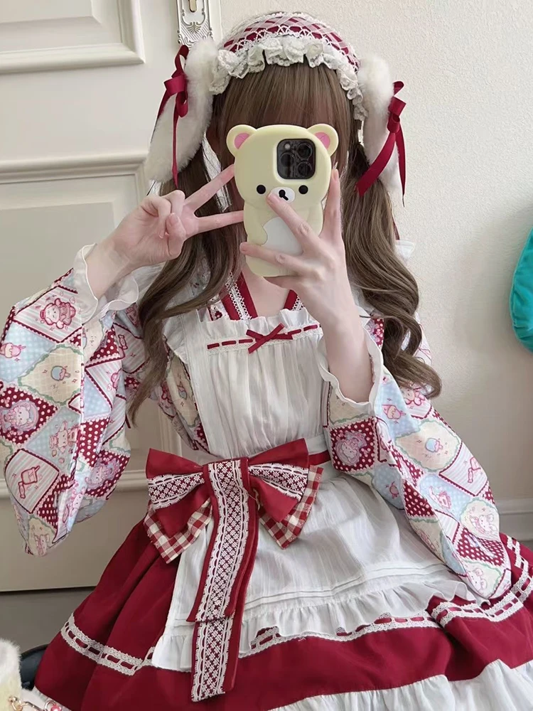 

Lolita 3 Piece Sets Women Cartoon Printing Blouses + Fairy Cake Apron + Mini Patchwork Skirts Y2K Aesthetic Sexy Outfits Suit
