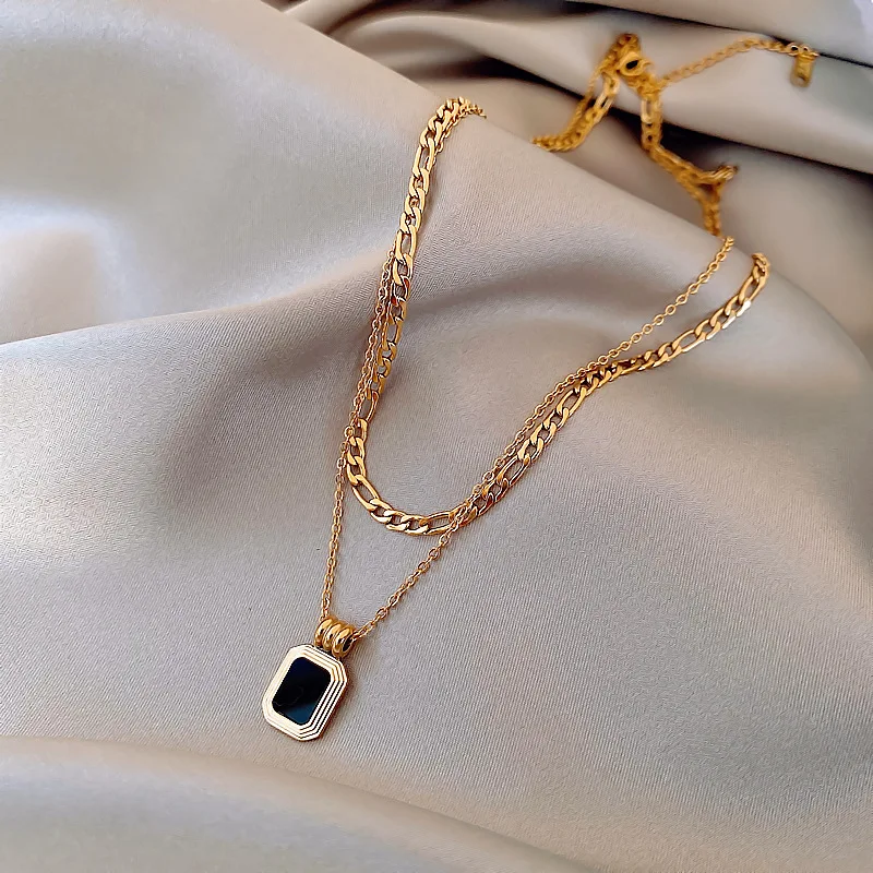 Trendy black block new double-layer necklace for women light luxury hip-hop style collar chain daily banquet jewelry gift