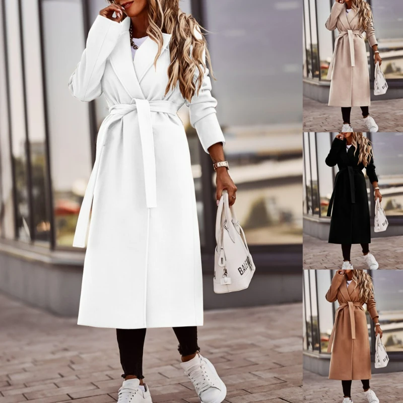 

Women Elegant Turn Down Collar Wool Long Coat Vintage Solid Outwear Full Sleeve Button Coats Blends Belt Pockets Autumn Winter