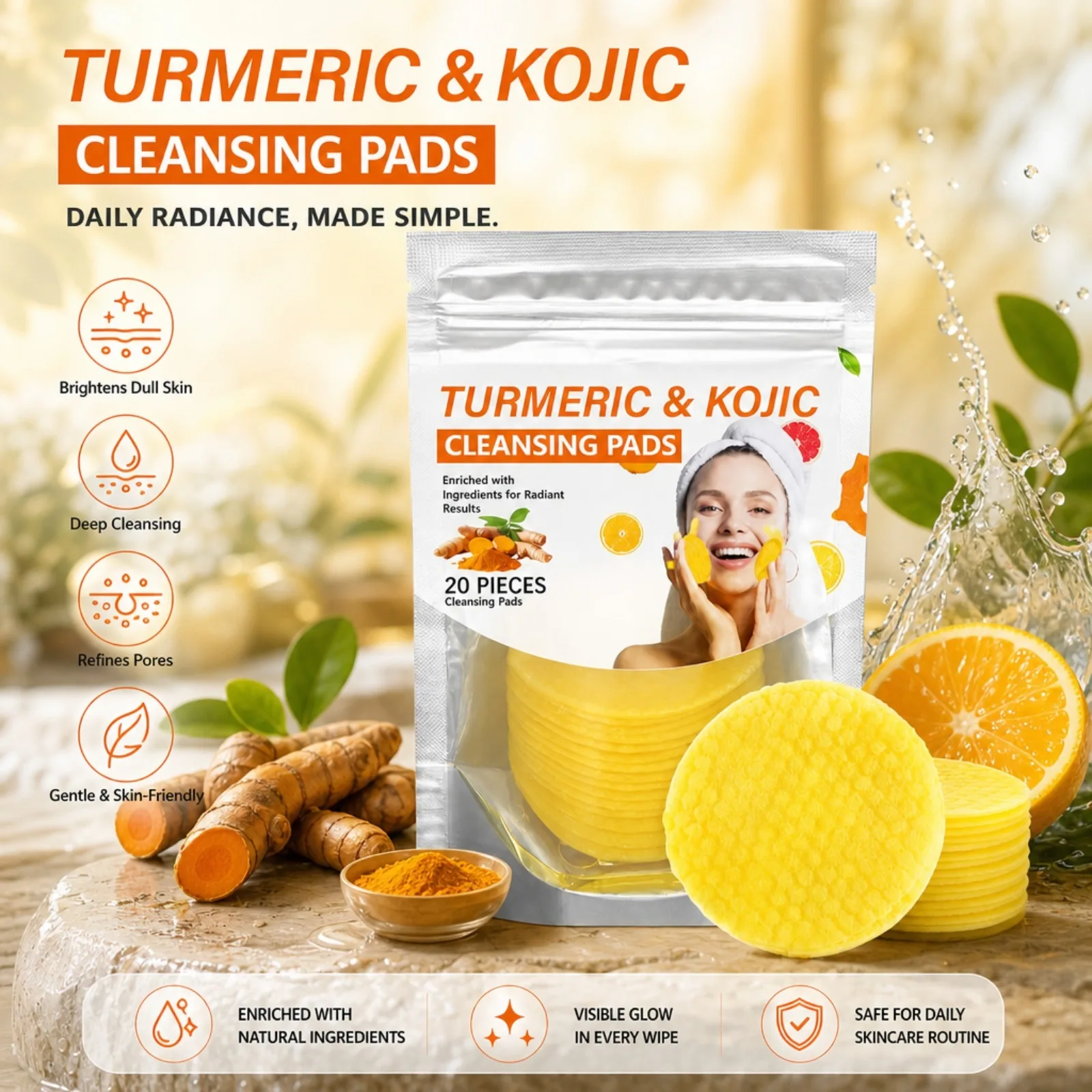 Turmeric Kojic Acid Cleansing Pads Face Exfoliating Wipes Brightening Skin Care Pads Remove Dirt Oil Makeup Residue Pads