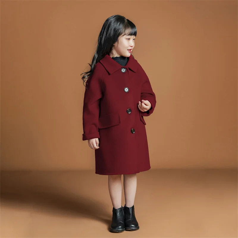 Girls Woolen Coat Jacket Cotton Outwear Windbreak 2023 Red Wine Warm Plus Thicken Velvet Winter Autumn Party Children's Clothing