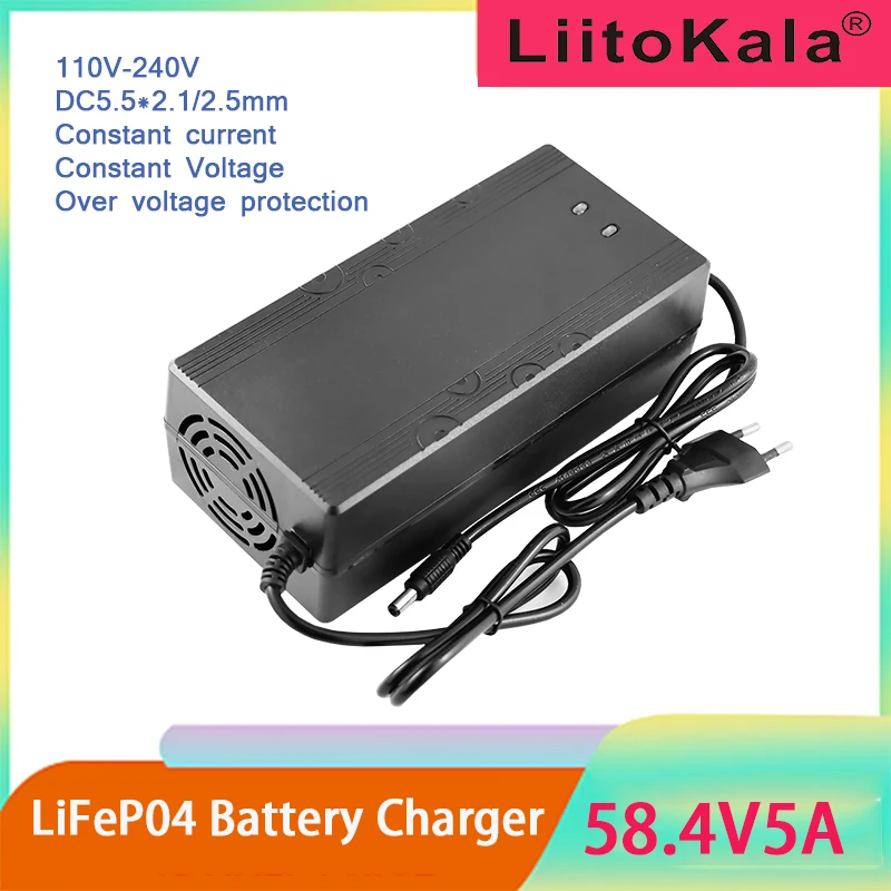 LiitoKala 58.4V 5A Charger Smart Suitable For 16s 51.2V Outdoor LiFePO4 Battery DC 5.5*1.2mm 110V-240V