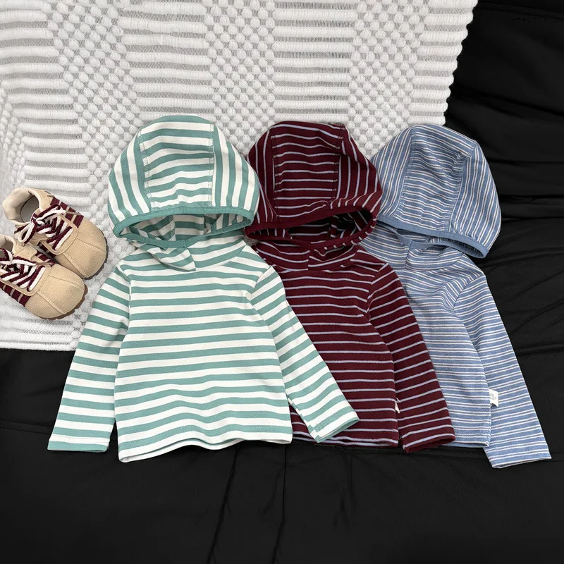 Striped Hooded Base Shirt for Autumn Boy and Girl Baby Long Sleeved T-shirt Children's Soft and Sticky Casual Top
