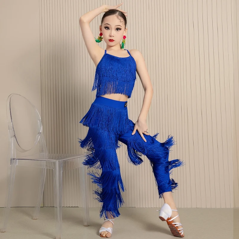 8 Colors Tassel Latin Dance Clothes For Girls Fringe Set Tops Pants Kids Latin Dance Competition Clothing Practice Wear DNV20525