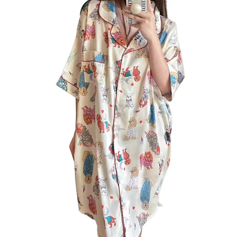 Cartoon Print  Women‘s Nightgowns 2024 Faux Silk Satin Nightskirt New Sleepskirt Summer Nightdresses Night Gown Sleepwear Pajama