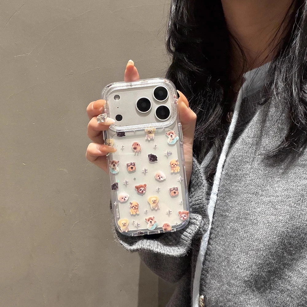 Niedliche Welpen-Cartoon-Kätzchen-Glitzer-Sternen-Transparente Hülle für iPhone 16 17Pro 13 14 15 18 Promax Stoßfeste Schutzhülle – Detail 15