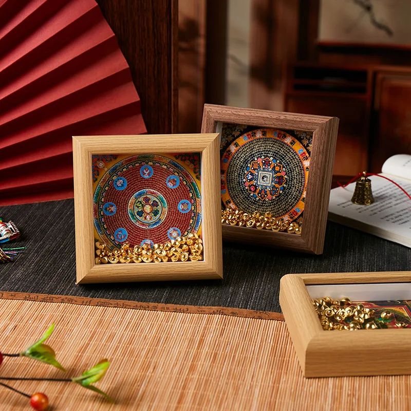 Tibetan Mandala Thangka Framed Ornament 10x10cm Handmade Kalachakra Buddhist Art Feng Shui Lucky Home Decor Desktop Display Gift
