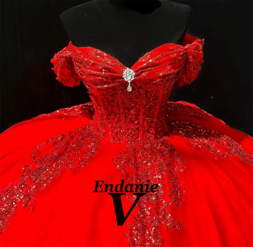 ثوب حفلة للأميرات بفيونكة رومانسية مزين بالترتر قبالة الكتف ثنيات فيستدو دي 15 Quinceañeras Morado #3