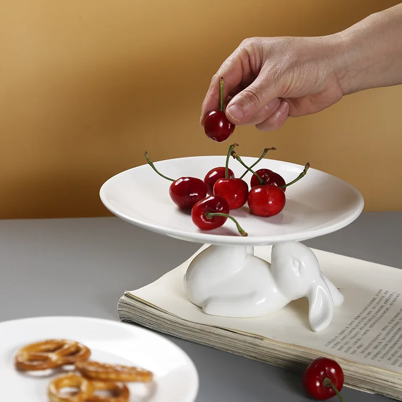 

Cake Tray Ceramic Rabbit Tray European Pure White Afternoon Tea Snack Rack Dessert Tray Household Snacks Fruit