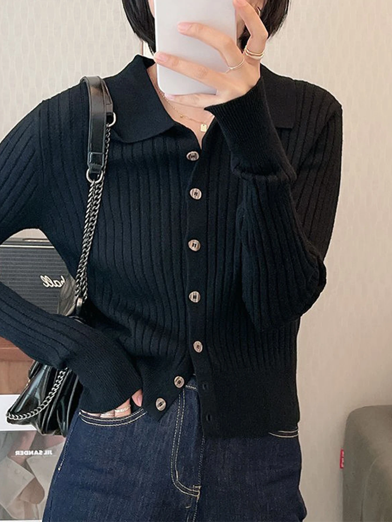 سترة نسائية كاجوال برقبة دائرية مفتوحة من الأمام وأكمام طويلة مزودة بأنبوب مستقيم بدون ديكور ملابس خارجية محبوكة #4