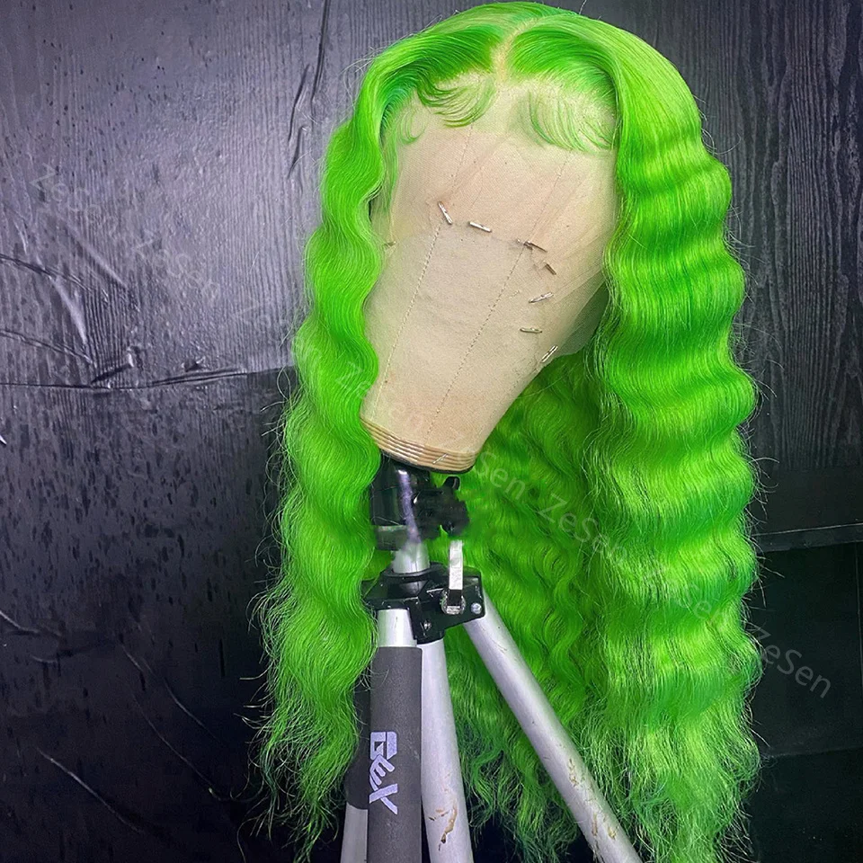 

Water Wave Synthetic Lace Front Wig Long Wavy Hair Heat Resistant Hair For Women Natural Hairline Lime Green Wigs Cosplay