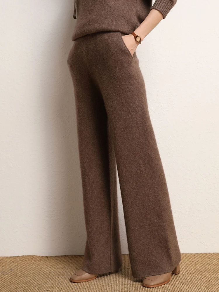 New Chic Women\'s 100% Cashmere Pants Autumn Winter Wide Leg Pants Simple Style Office Lady Cashmere knitted Trousers Thick Pants