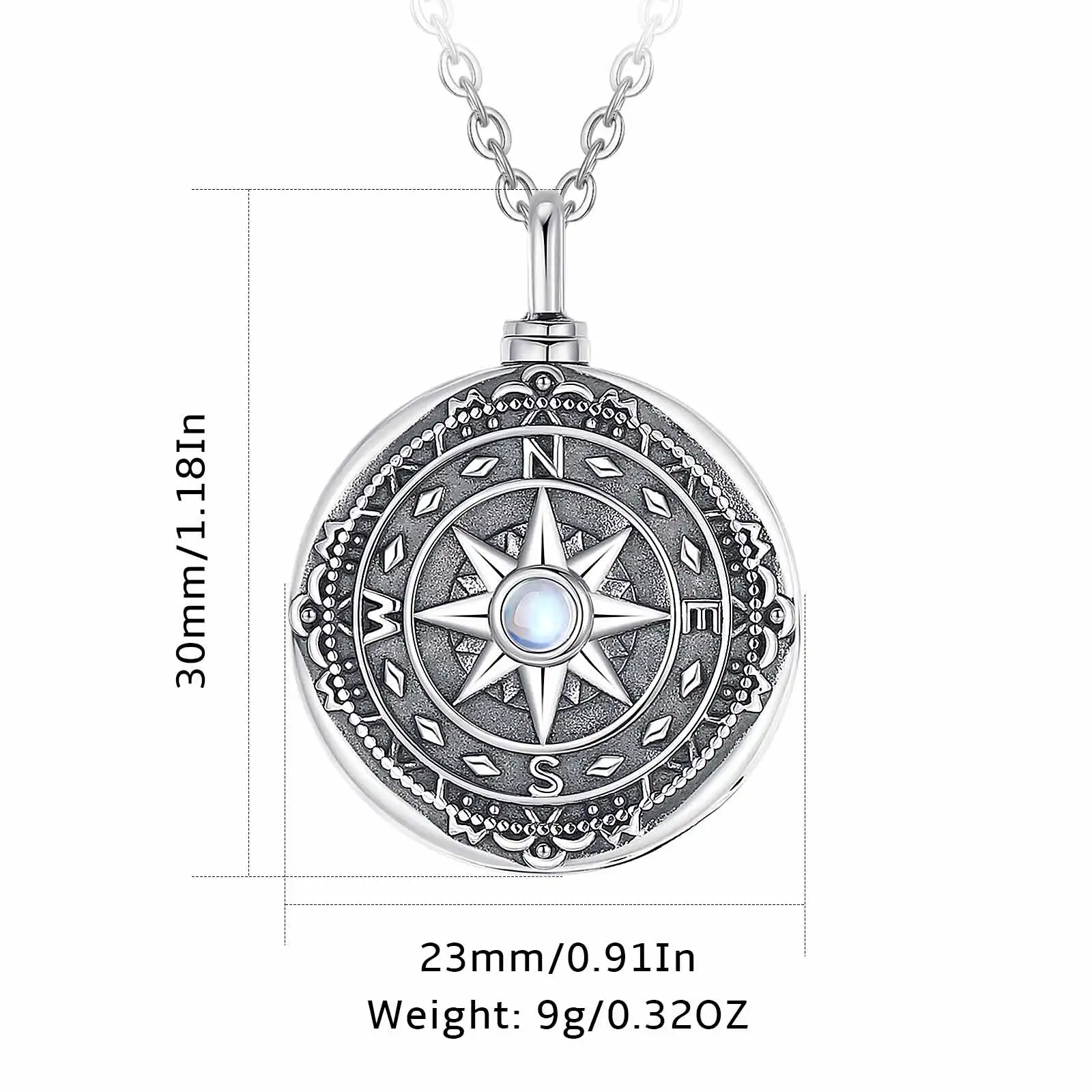 Eudora 925 Sterling Silver Compass Ashes Urn Necklace Moonstone Pendant Exquisite Cremation Urn Memorial Jewelry for Men Women