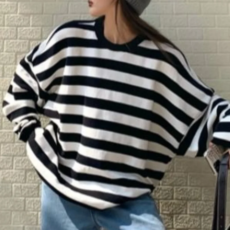 Striped Sweatshirts Women O-neck Loose Cozy Students Korean Preppy Style Fashion All-match Casual Sweet Sudaderas Hot Sale Chic