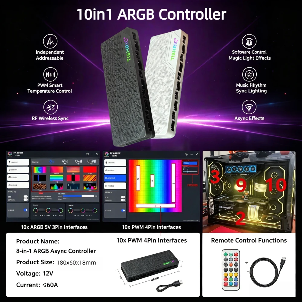 TISHRIC 1 To 9 10 Ports ARGB Hub Fan Controller Synchronized 5V 3/4PIN PWM SATA Power Magnetic Hub Computer Cooling Fan Splitter