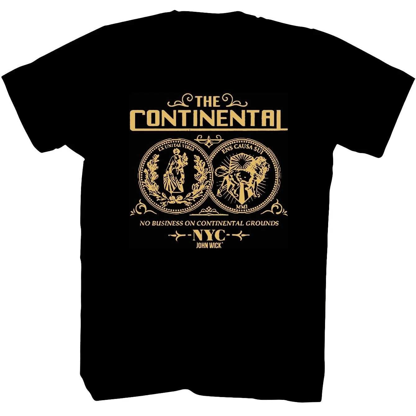 Men'S John Wick Movie Graphic T-Shirt Double-Sided Coin Design The Continental Text - Thin Tee Black Shirt with Golden Print Tee