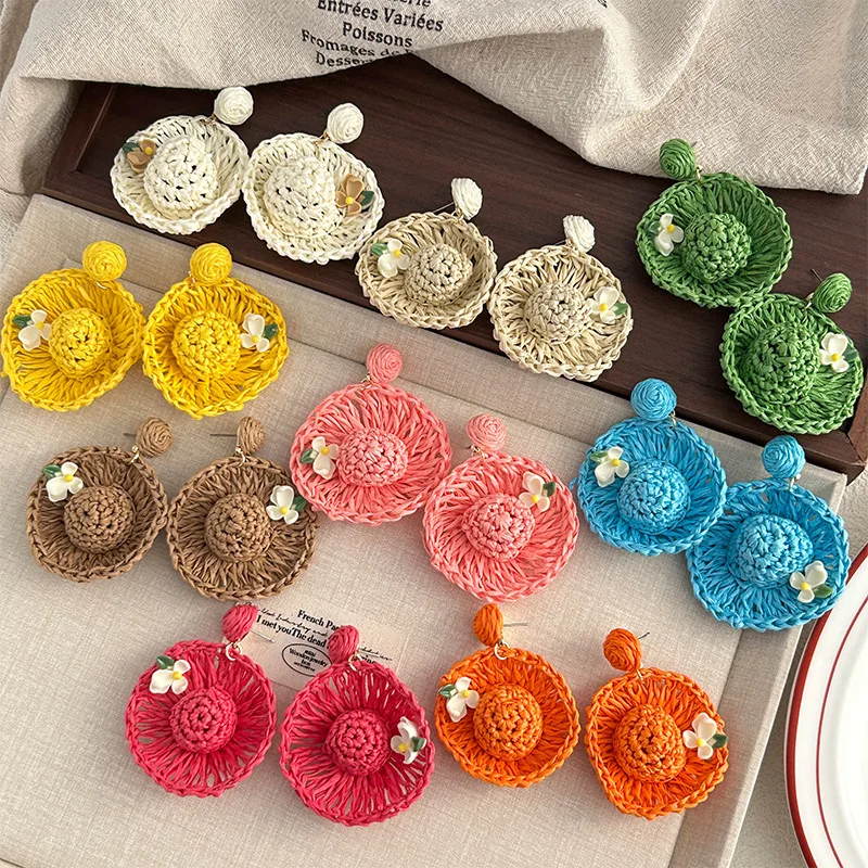 Cross-border Summer Vacation Wind Hand-woven Straw Hat Fringed Stud Earrings Raffia Niche Design Petal Earrings Earring Jewelry