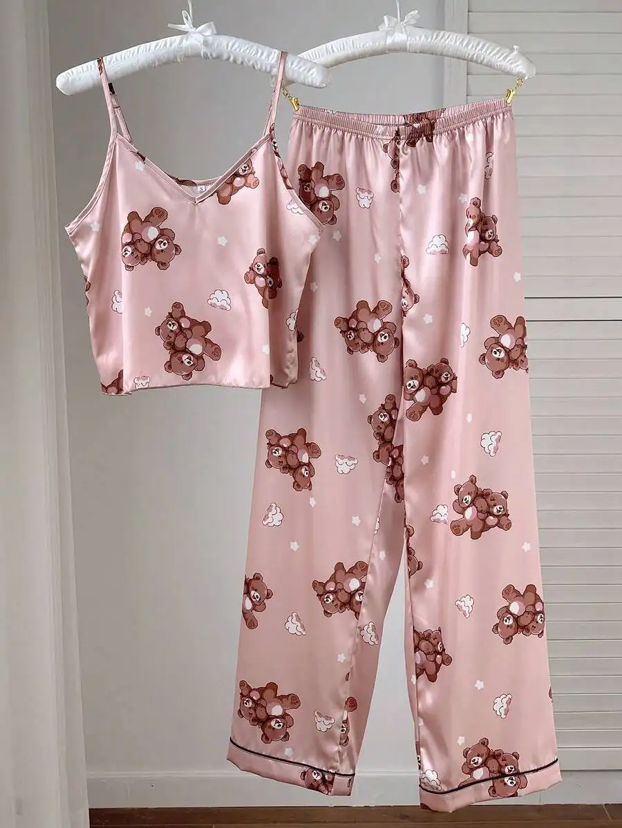 

Womens Bear Print Silk Satin Camisole And Pants Pajama Set