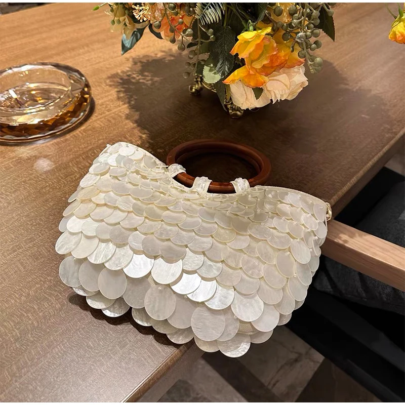 

French Luxury Shell Bag Handbag Wooden Handle Chain Shoulder Crossbody Bag Creative Sequin Pearl Evening Bag Half-moon Beach Bag