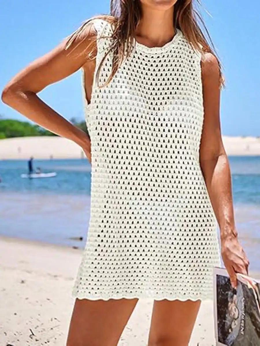 

Womens Sleeveless Crochet Cover Up Dress Beach Swimwear Coverup Hollow Out Backless Summer