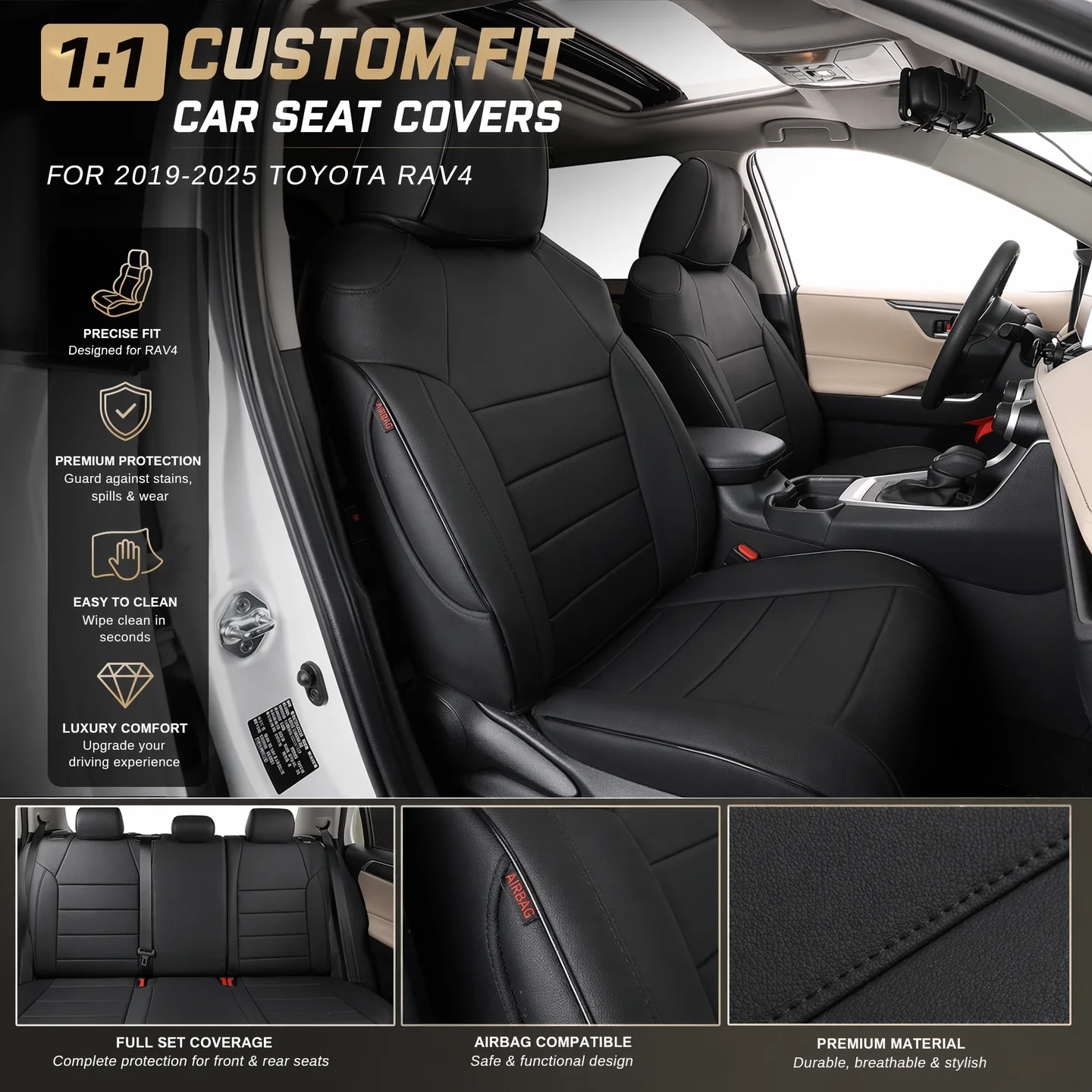 EKR Rav4 Car Seat Covers Custom Fit for Toyota Rav4 (Gas/Hybrid) 2019-2025 LE/XLE Premium/Limited Full Set Leather Seat Cover