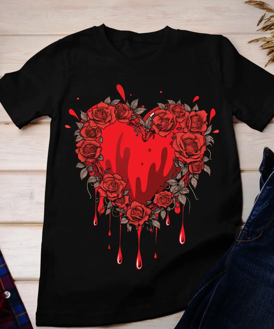 Valentine s Day Red Roses T Shirt Jersey Blood Drop Heart Design Romantic Love