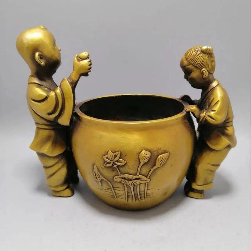 Antique Thickened Figurine of a Boy Holding a Vase, Brass Home Living Room Decoration