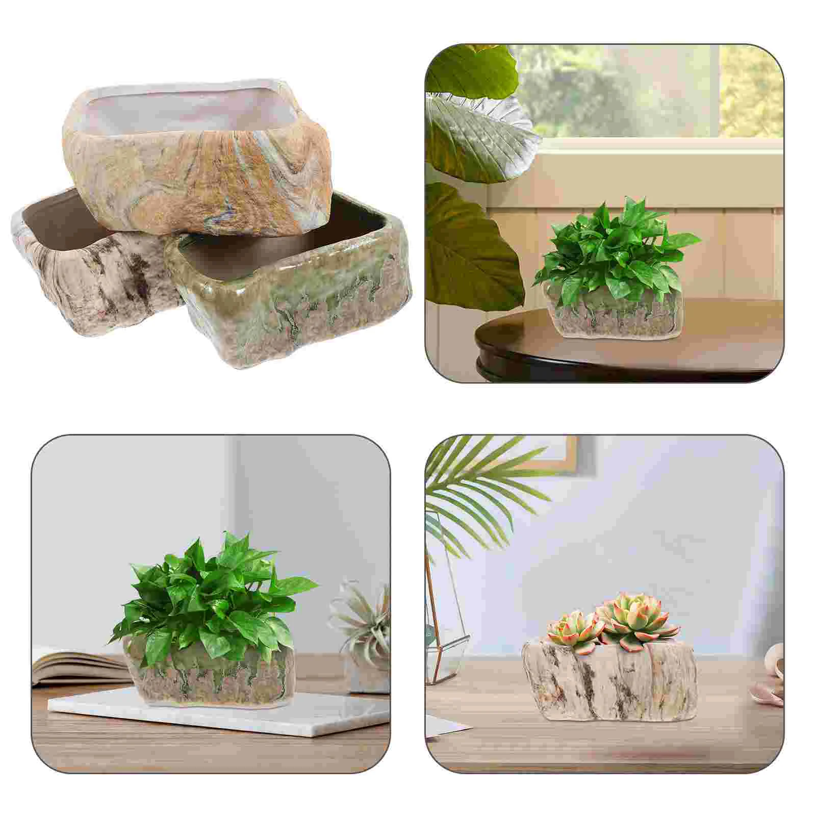 

3 Pcs Rectangle Succulent Plant Pots Flower Mini Cactus Planter Miniature 1400X700X600 Shallow Novelty Vase