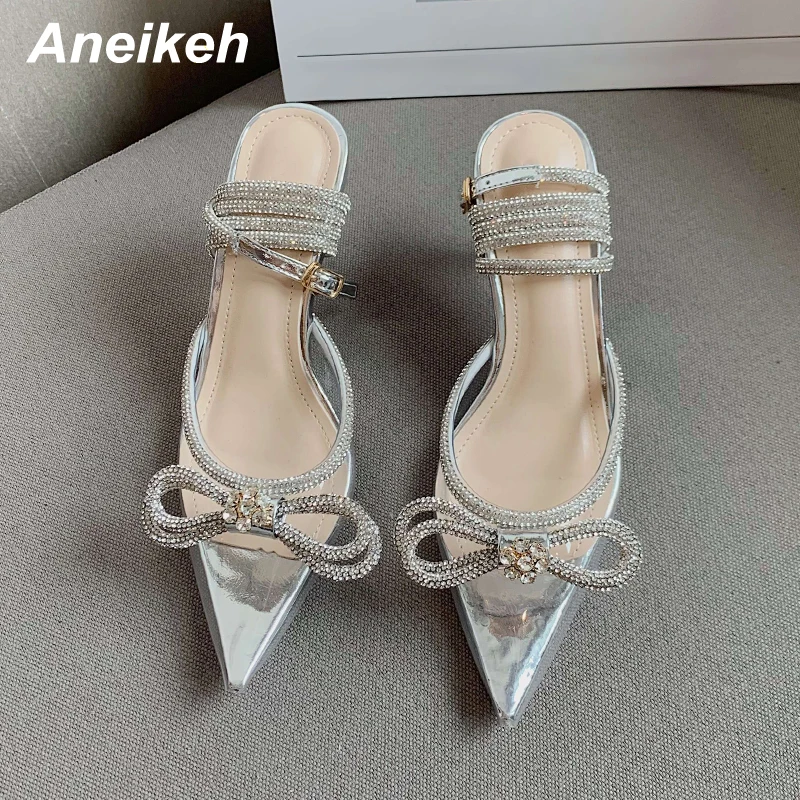 Aneikeh Sexy Pointed Toe High Heel Women Shoes Classics Bling Crystal Butterfly-Knot Decoration Buckle Strap Slingbacks Pumps