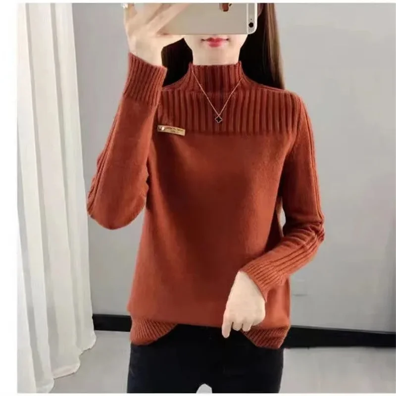 2023 Spring and Autumn Cashmere Sweater Women\'s Knitted Sweater Half High Neck Pullover Long Sleeves Jumper Soft Femme Tops