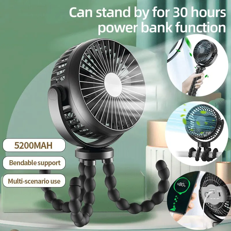 Portable Handheld Fan Outdoor Baby Stroller Fan Hand USB Fan Small Folding Rechargeable Fans Multifunctional Octopus Mini Fan