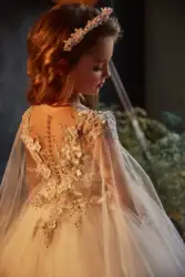 Tulle Puffy Flower Girl Dress Sheer Neck Applique Long Princess Dresses Embroidery First Communion Gowns Cute Kids Prom Ball