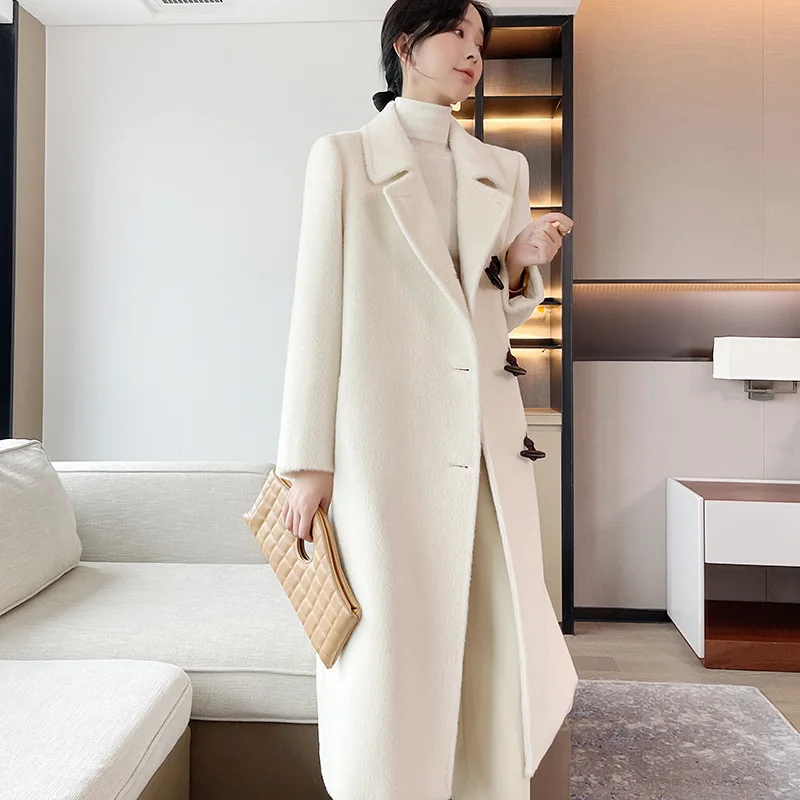 2023 High-end Winter White Alpaca Wool Coat Women New Long 100% Alpaca Wool Straight Cylinder Elegant Liner Thickened Warm Coat image 4