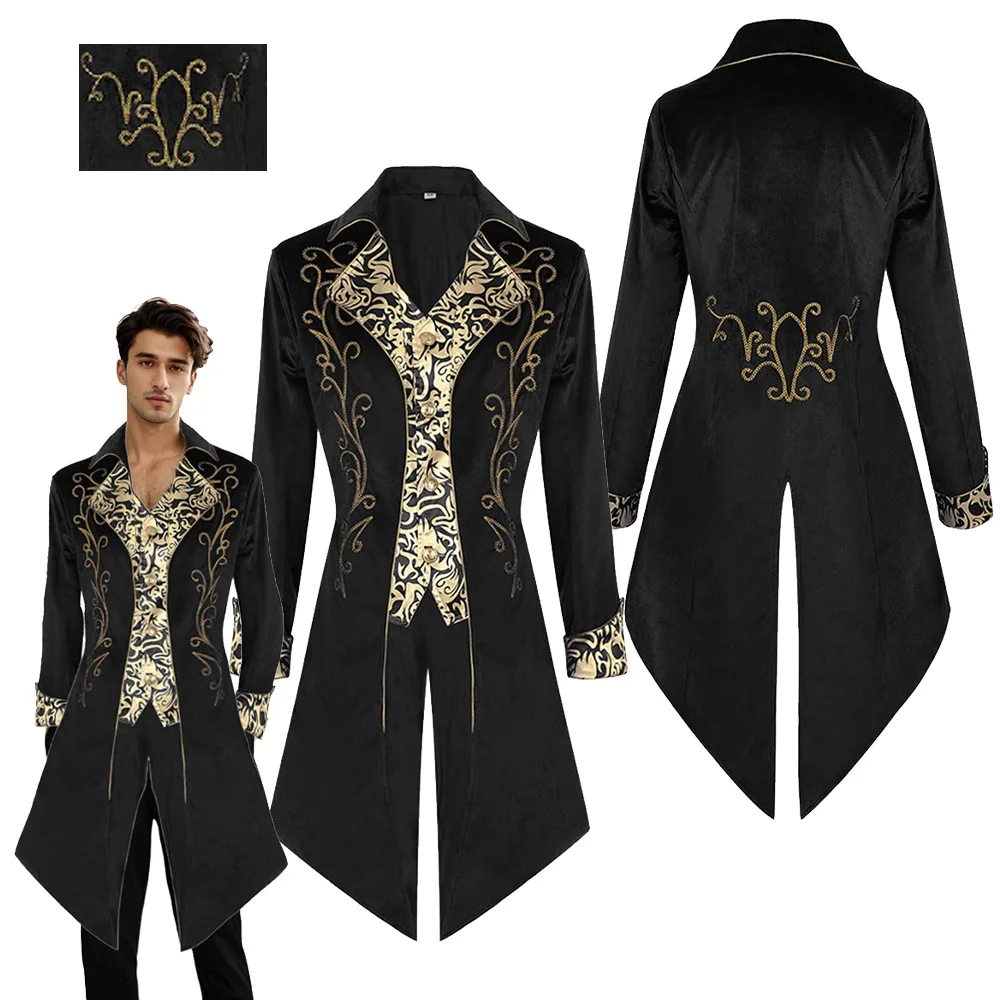 Steampunk Gothic Retro Medieval Black Jacket Cosplay Renaissance Victorian Long Coat Men Costume Halloween Carnival Party Suit