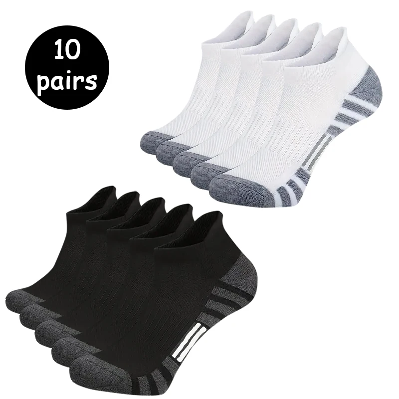 

5/10 pairs of men's black white gray towel bottom sweat absorbing and breathable ear hanging socks suitable for sports