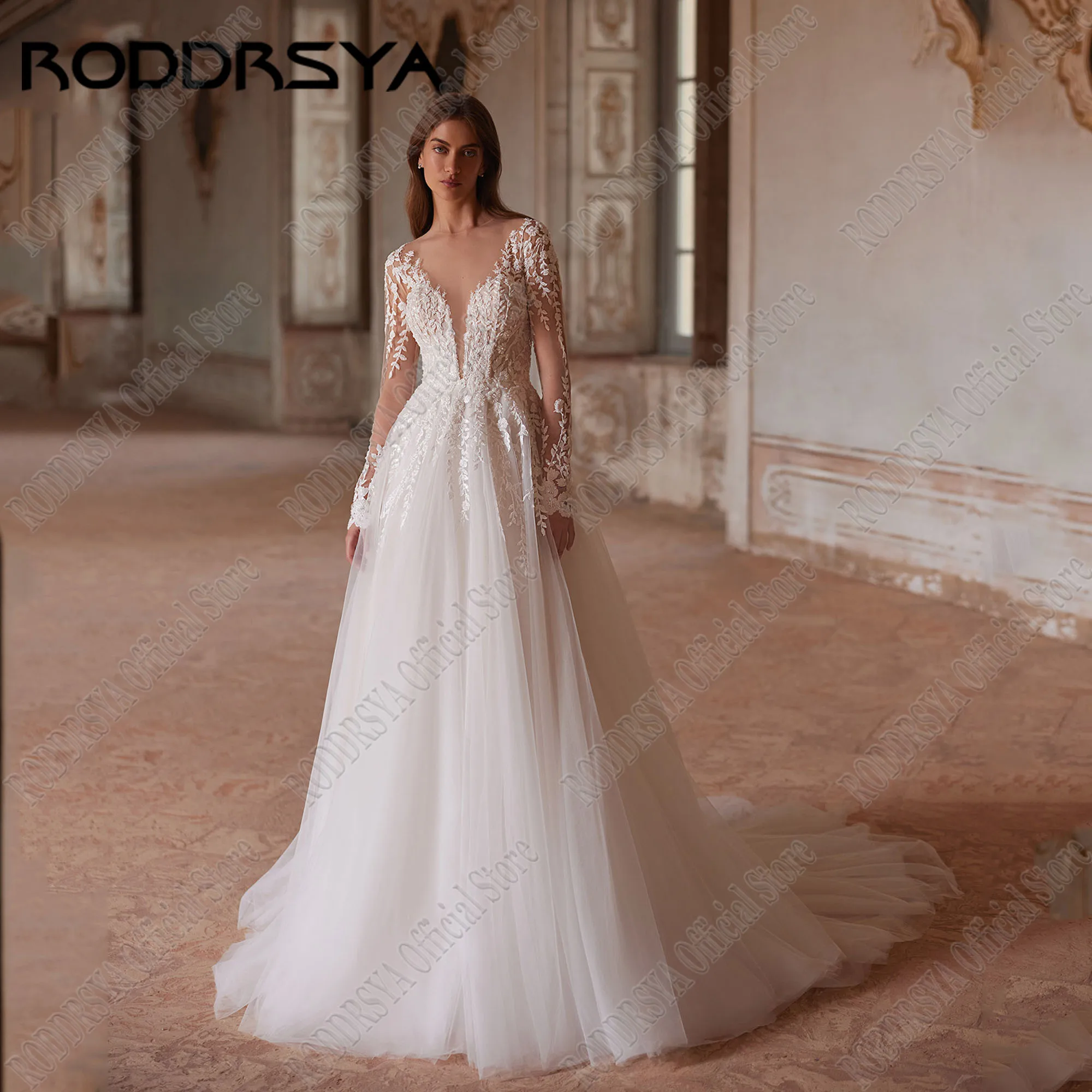 Roddrsya charmante Tüll Brautkleid lange Ärmel o Hals Applikation Vestidos de Novia eine Linie Brautkleid Sweep Train angepasstRODDRSYA Charming Tüll Brautkleid Lange Ärmel O-Ausschnitt Applikation Vestidos De Novia A