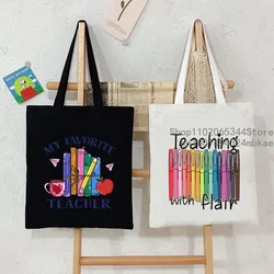 Teacher with Flair Printed Handbags Women's Colored Pen Graphics Canvas Tote Bag Fashion Teacher Gift Shopping Bags Shoulder Bag